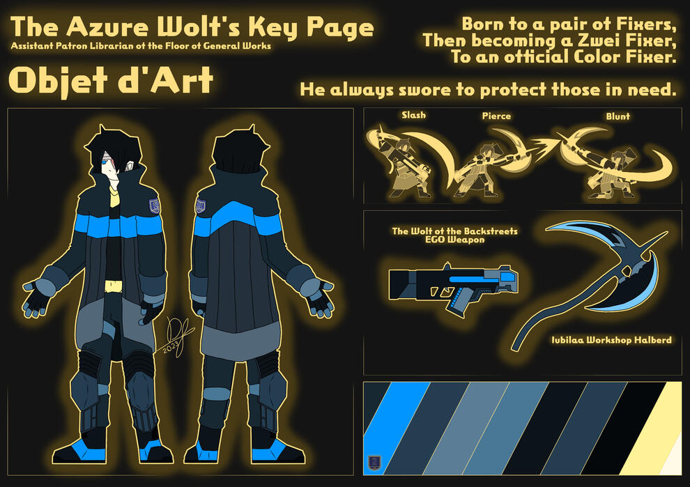 Reference sheet of an OC of mine, The Azure Wolf. Did you know I'm a Project Moon fan? Well, now you do!